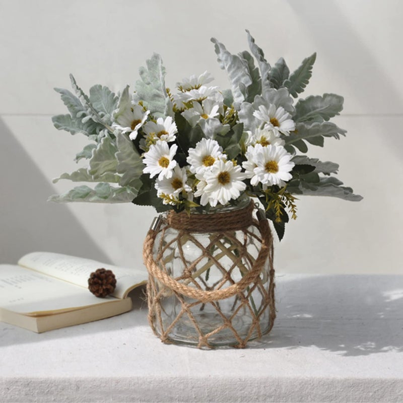 Funsoba Rustic Hanging Mason Nautical Jar Creative Rope Net Dry Flower Glass Vase with Handle 6.5 Inch - Image 3